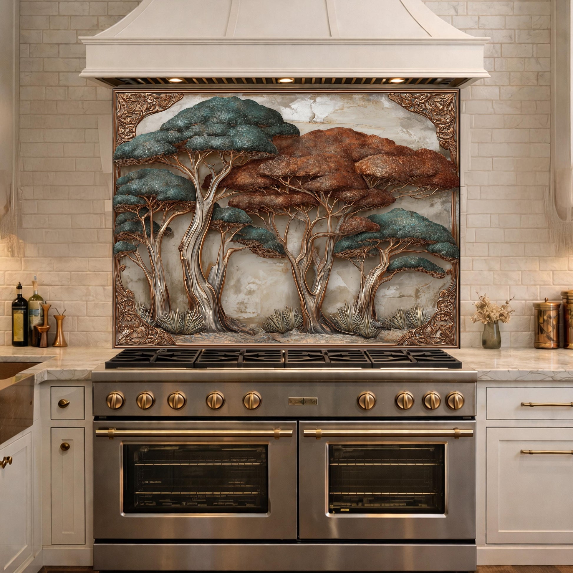 Ethereal Blue Waves with Golden Mountain Peaks Kitchen Backsplash, Glass Stove Guard