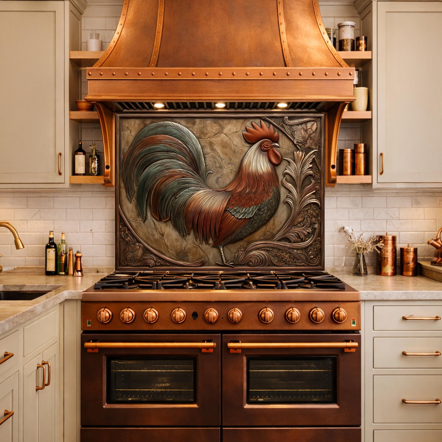 Rustic Copper Rooster Backsplash, Farmhouse Style Wall Panel, Custom Size Stove Guard