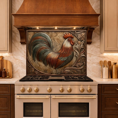 Rustic Copper Rooster Backsplash, Farmhouse Style Wall Panel, Custom Size Stove Guard