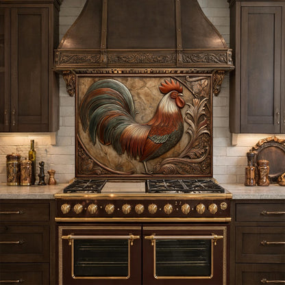 Rustic Copper Rooster Backsplash, Farmhouse Style Wall Panel, Custom Size Stove Guard