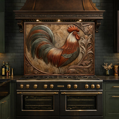 Rustic Copper Rooster Backsplash, Farmhouse Style Wall Panel, Custom Size Stove Guard