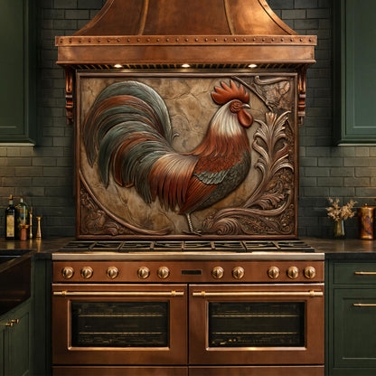 Rustic Copper Rooster Backsplash, Farmhouse Style Wall Panel, Custom Size Stove Guard