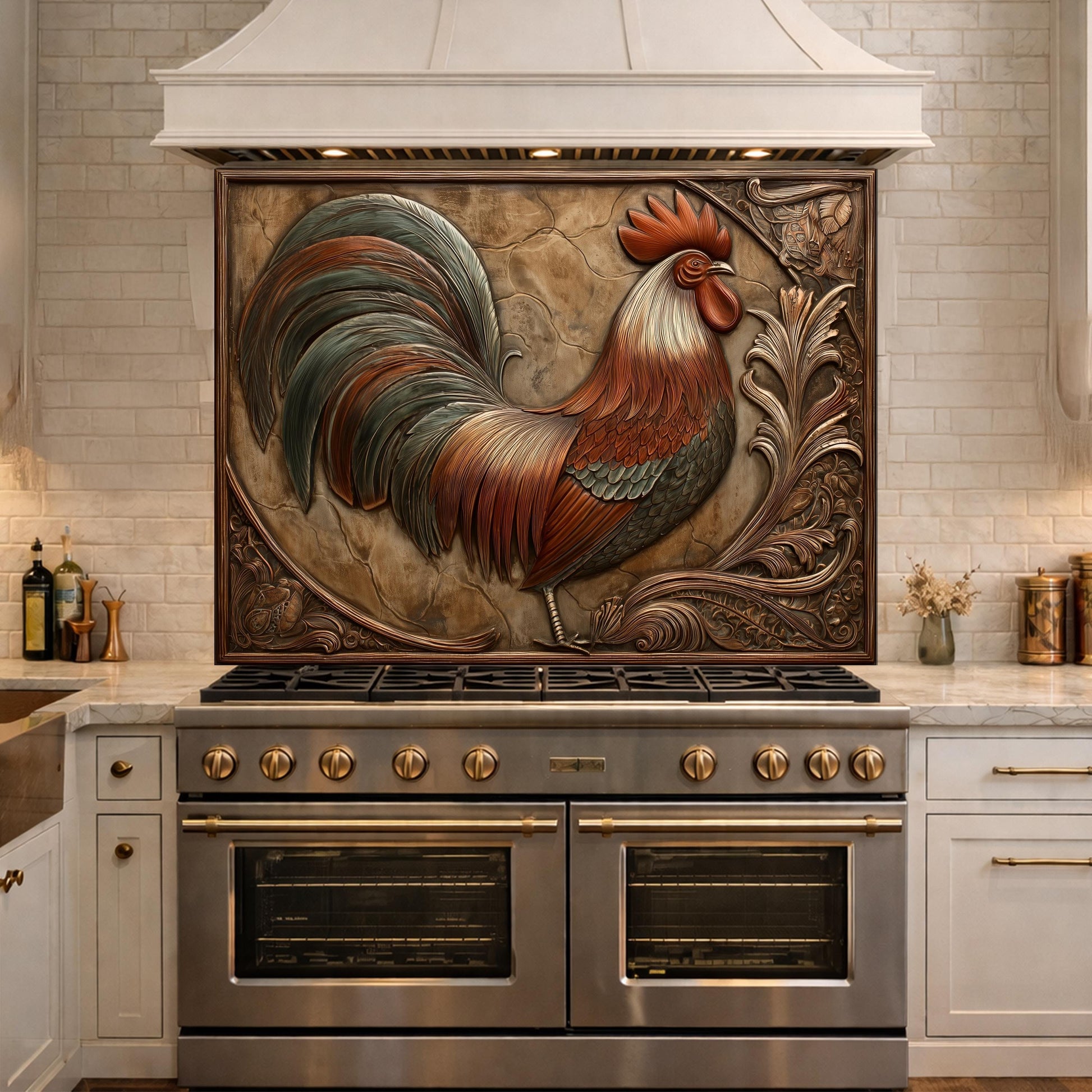 Rustic Copper Rooster Backsplash, Farmhouse Style Wall Panel, Custom Size Stove Guard