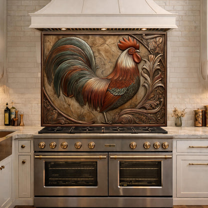 Rustic Copper Rooster Backsplash, Farmhouse Style Wall Panel, Custom Size Stove Guard