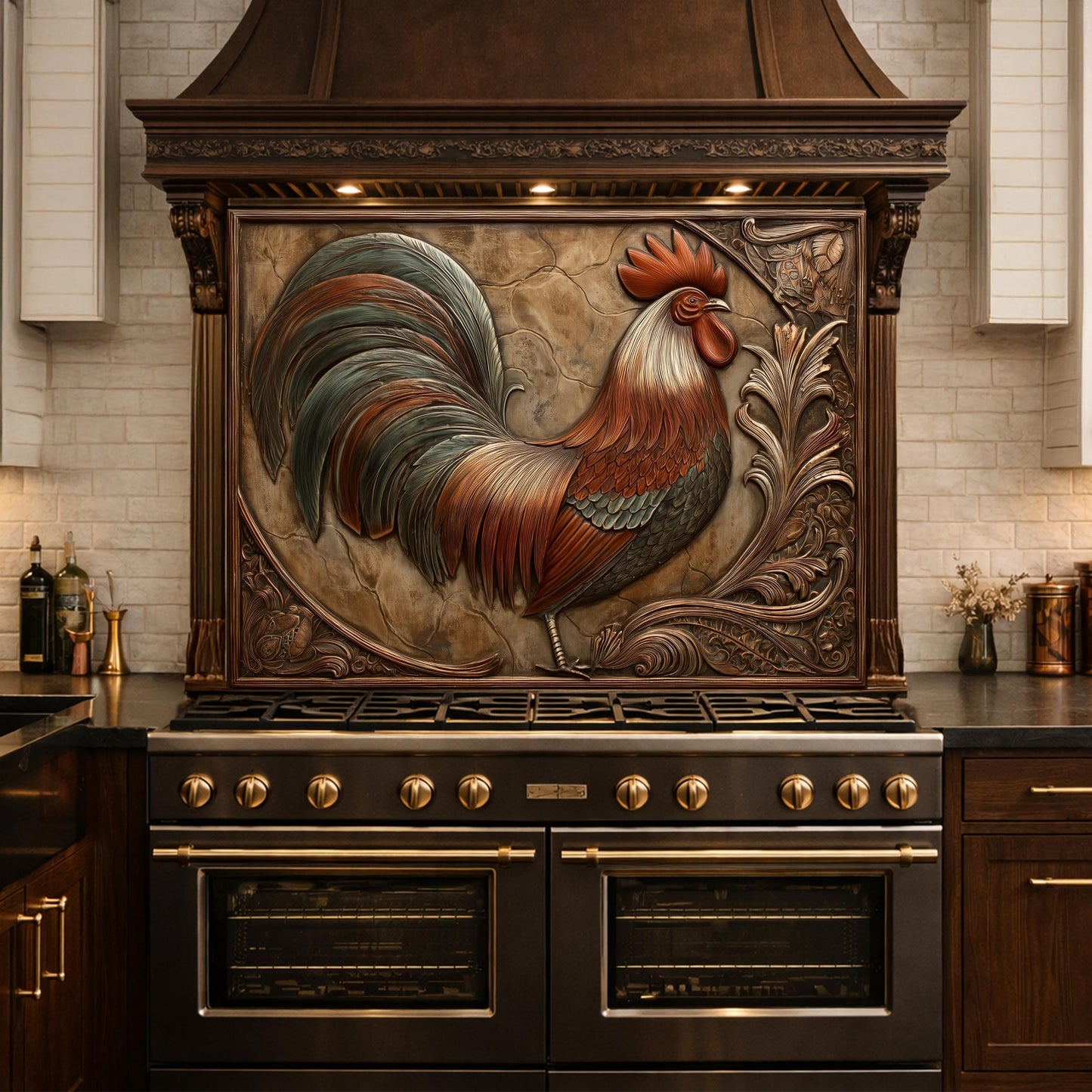 Rustic Copper Rooster Backsplash, Farmhouse Style Wall Panel, Custom Size Stove Guard