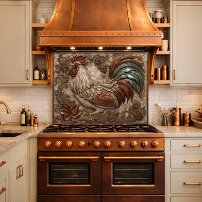 Rustic Rooster with Floral Accents Backsplash, Copper Relief Wall Panel, Custom Size Stove Guard