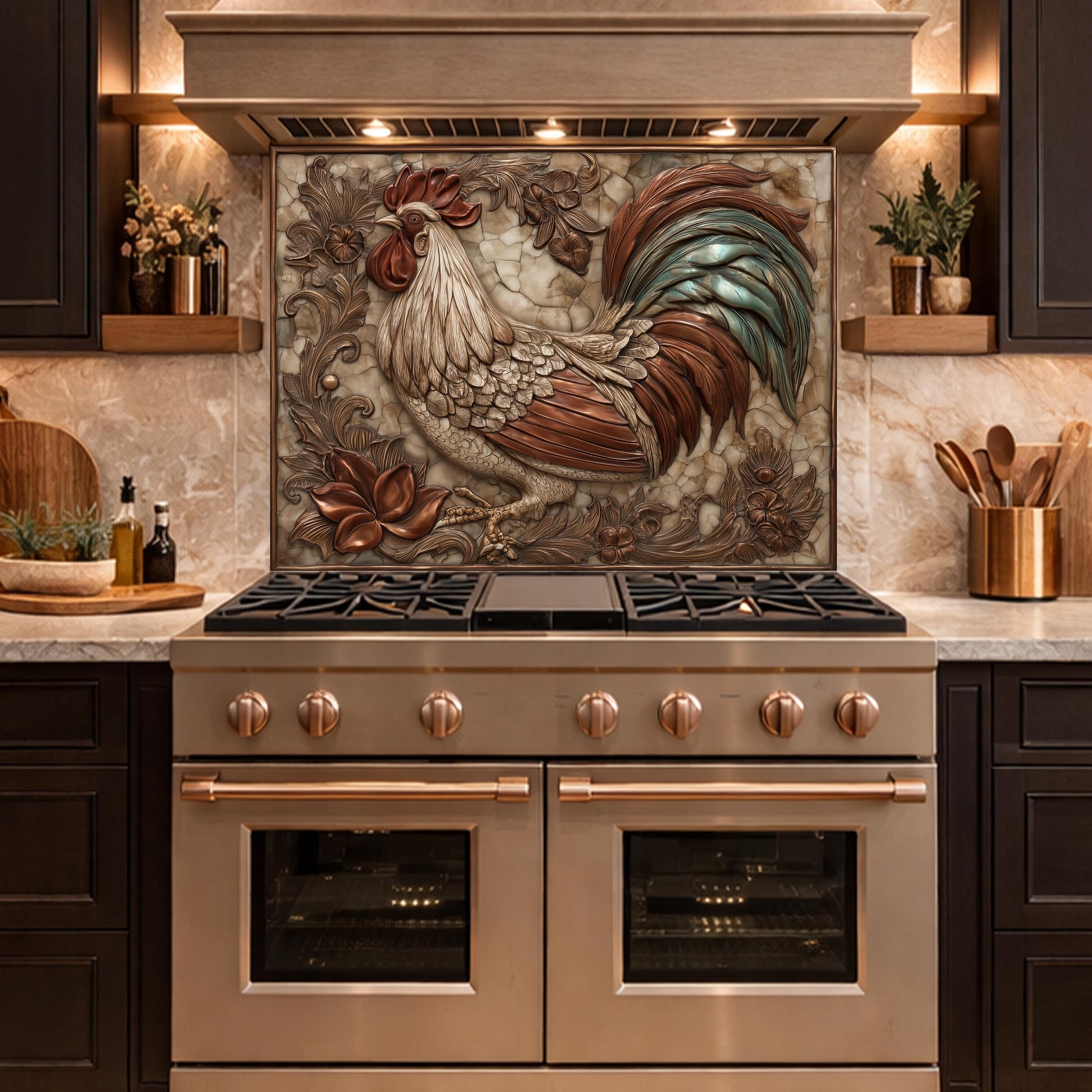 Rustic Rooster with Floral Accents Backsplash, Copper Relief Wall Panel, Custom Size Stove Guard