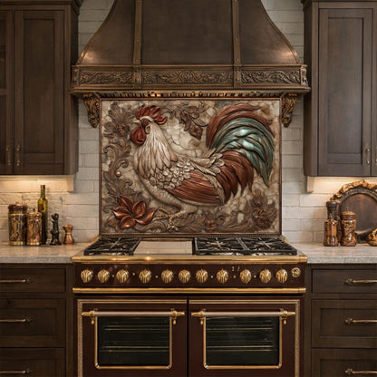 Rustic Rooster with Floral Accents Backsplash, Copper Relief Wall Panel, Custom Size Stove Guard
