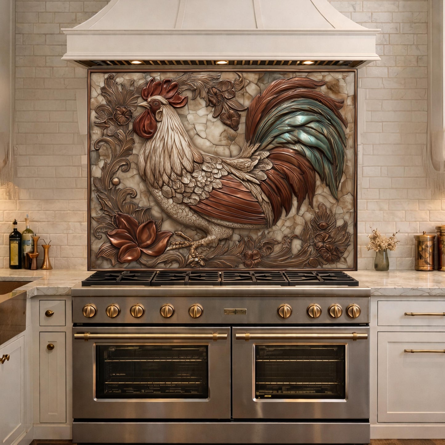 Rustic Rooster with Floral Accents Backsplash, Copper Relief Wall Panel, Custom Size Stove Guard