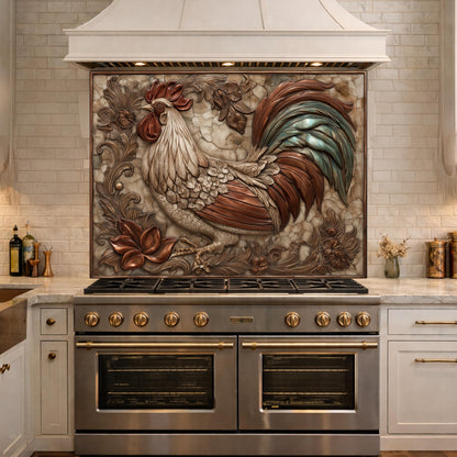 Rustic Rooster with Floral Accents Backsplash, Copper Relief Wall Panel, Custom Size Stove Guard