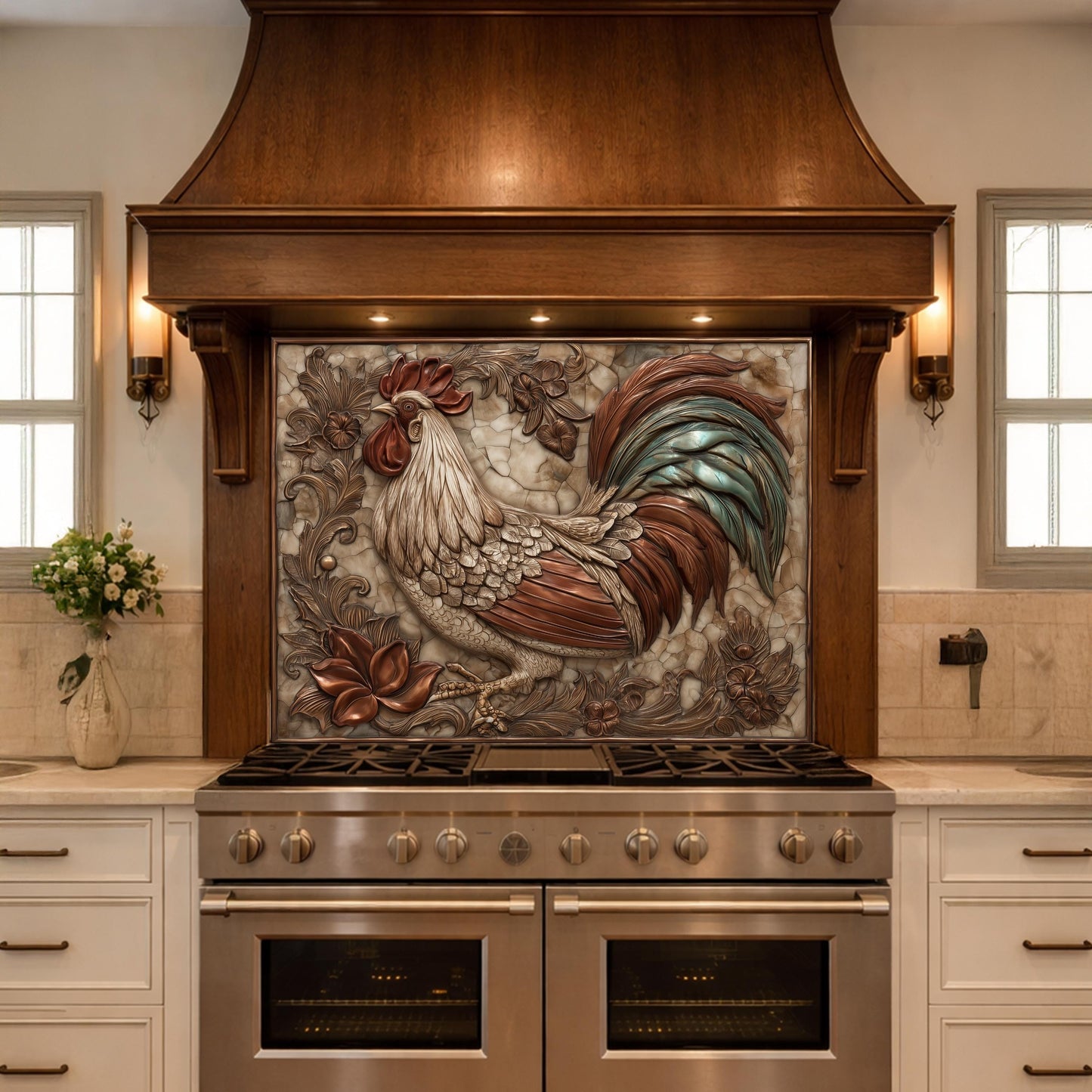 Rustic Rooster with Floral Accents Backsplash, Copper Relief Wall Panel, Custom Size Stove Guard