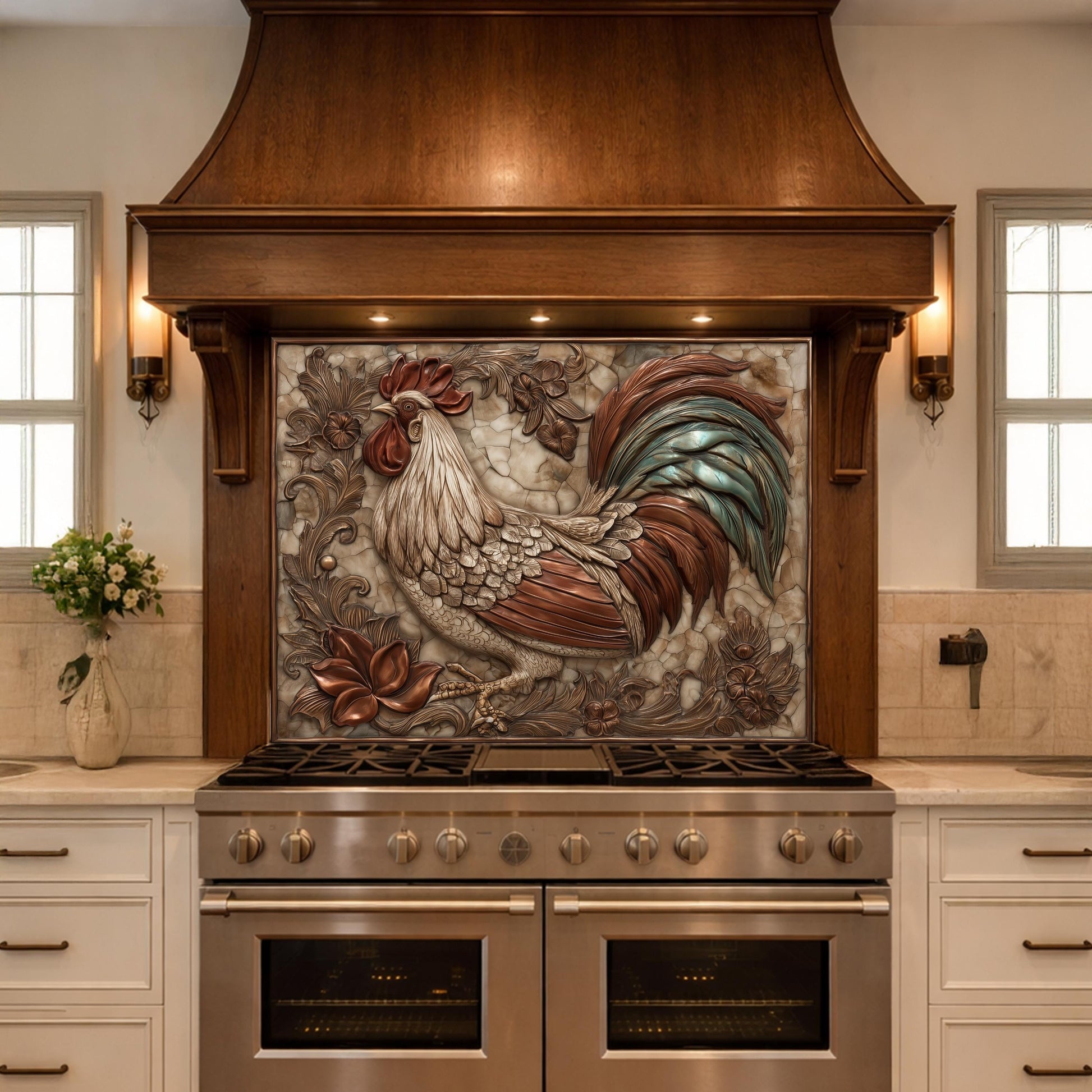 Rustic Rooster with Floral Accents Backsplash, Copper Relief Wall Panel, Custom Size Stove Guard