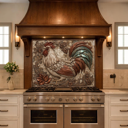 Rustic Rooster with Floral Accents Backsplash, Copper Relief Wall Panel, Custom Size Stove Guard