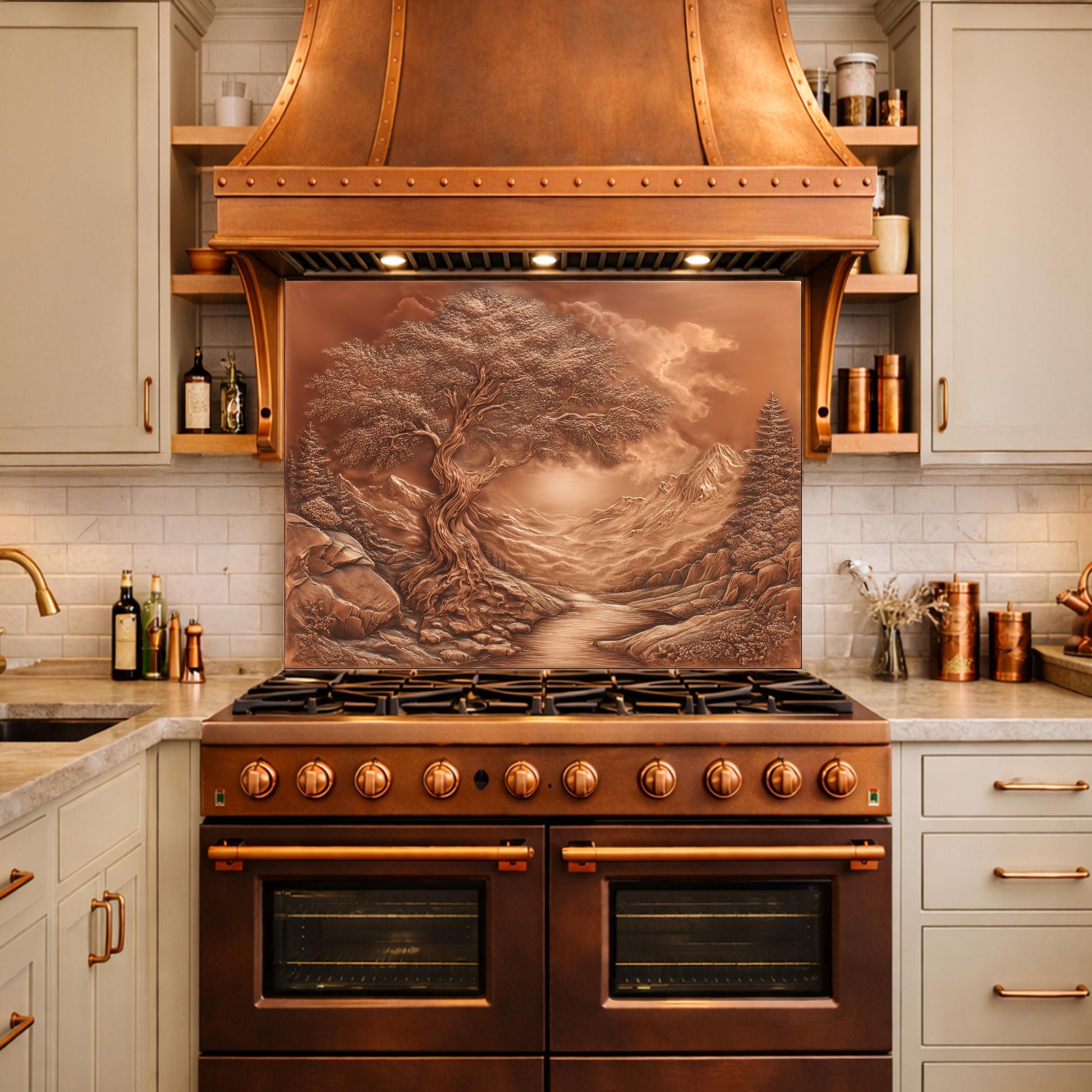 Majestic Twisted Tree Tempered Glass Backsplash, Copper Relief Look Wall Panel, Stove Guard
