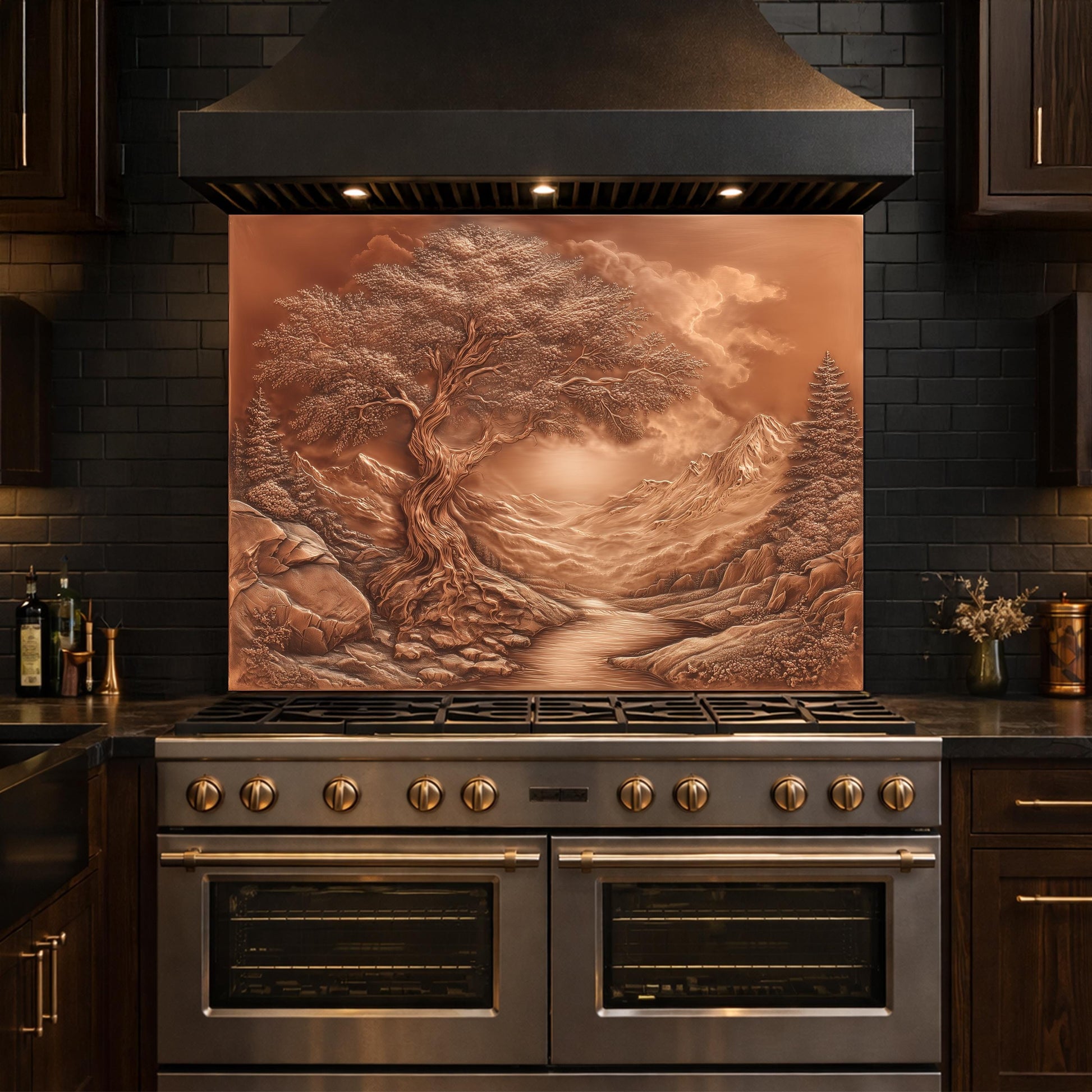 Majestic Twisted Tree Tempered Glass Backsplash, Copper Relief Look Wall Panel, Stove Guard