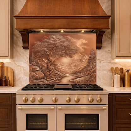 Majestic Twisted Tree Tempered Glass Backsplash, Copper Relief Look Wall Panel, Stove Guard