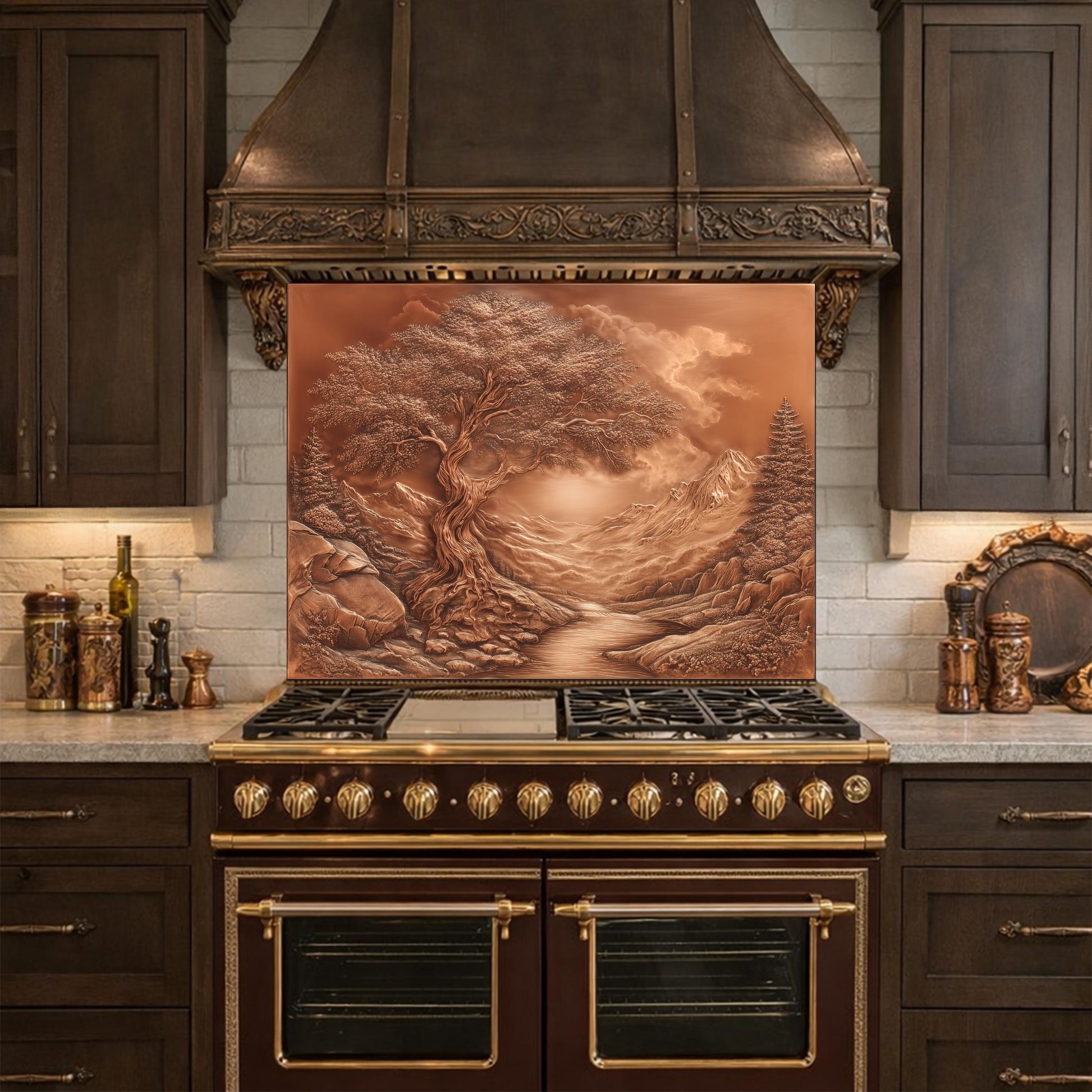 Majestic Twisted Tree Tempered Glass Backsplash, Copper Relief Look Wall Panel, Stove Guard