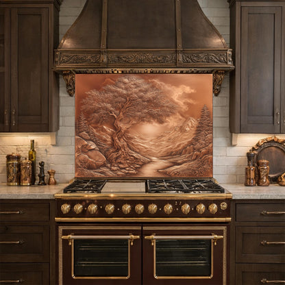 Majestic Twisted Tree Tempered Glass Backsplash, Copper Relief Look Wall Panel, Stove Guard