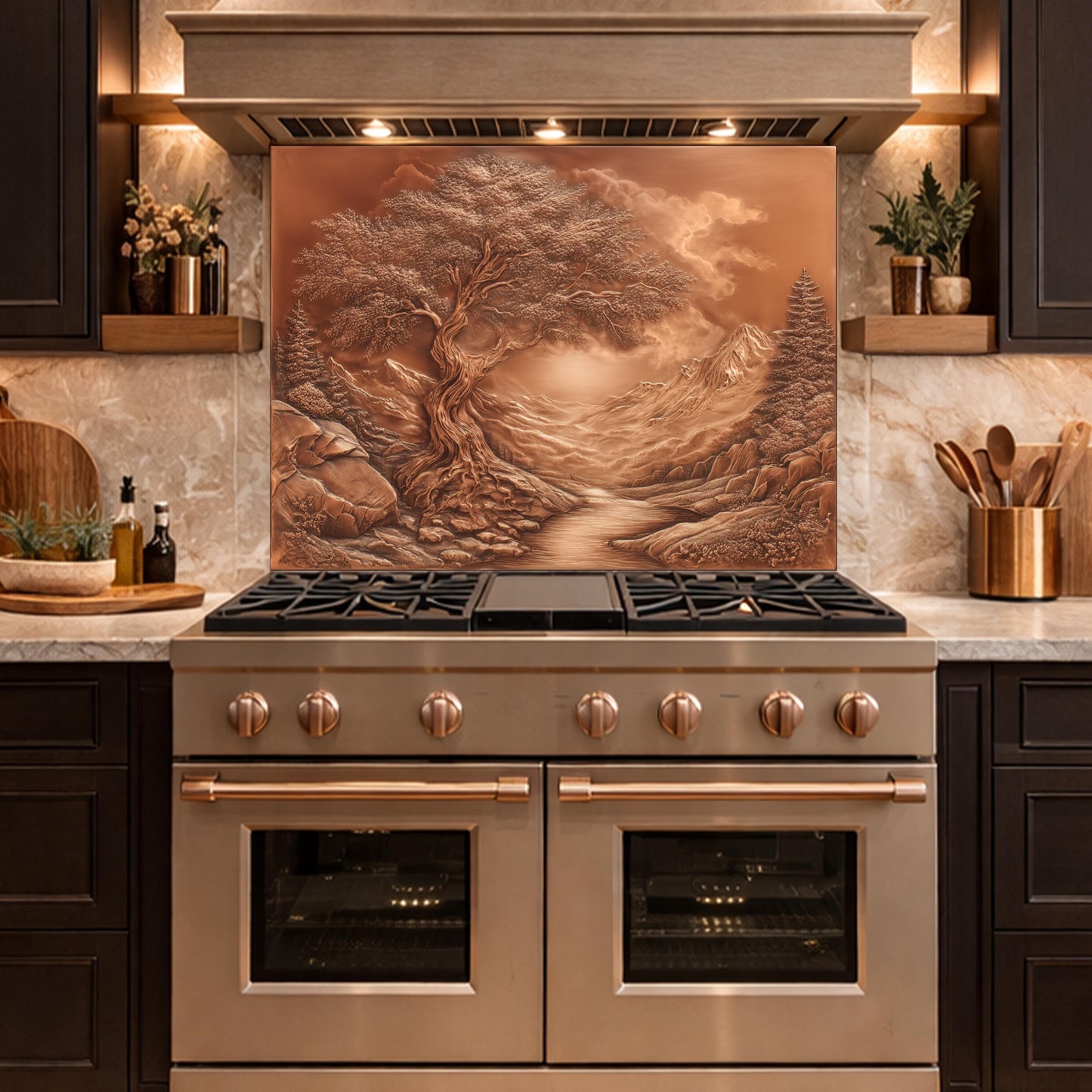 Majestic Twisted Tree Tempered Glass Backsplash, Copper Relief Look Wall Panel, Stove Guard