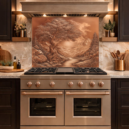 Majestic Twisted Tree Tempered Glass Backsplash, Copper Relief Look Wall Panel, Stove Guard