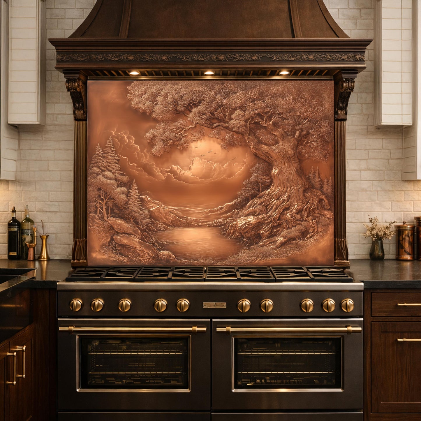 Ancient Tree & Morning Mist Tempered Glass Backsplash, Copper Relief Look Wall Panel, Stove Guard