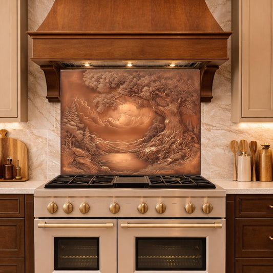 Ancient Tree & Morning Mist Tempered Glass Backsplash, Copper Relief Look Wall Panel, Stove Guard