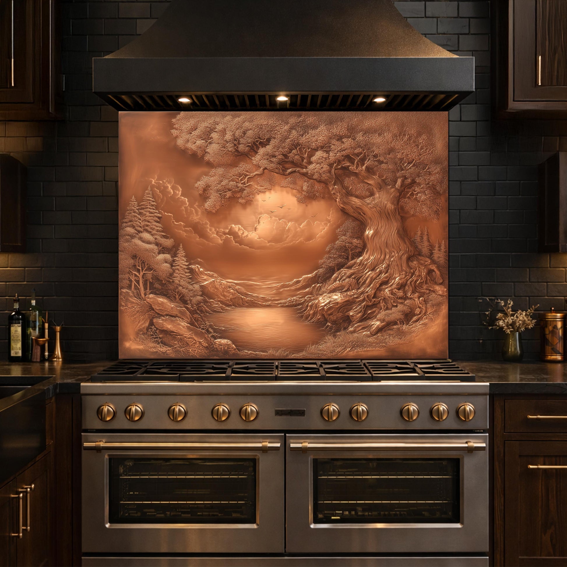 Ancient Tree & Morning Mist Tempered Glass Backsplash, Copper Relief Look Wall Panel, Stove Guard