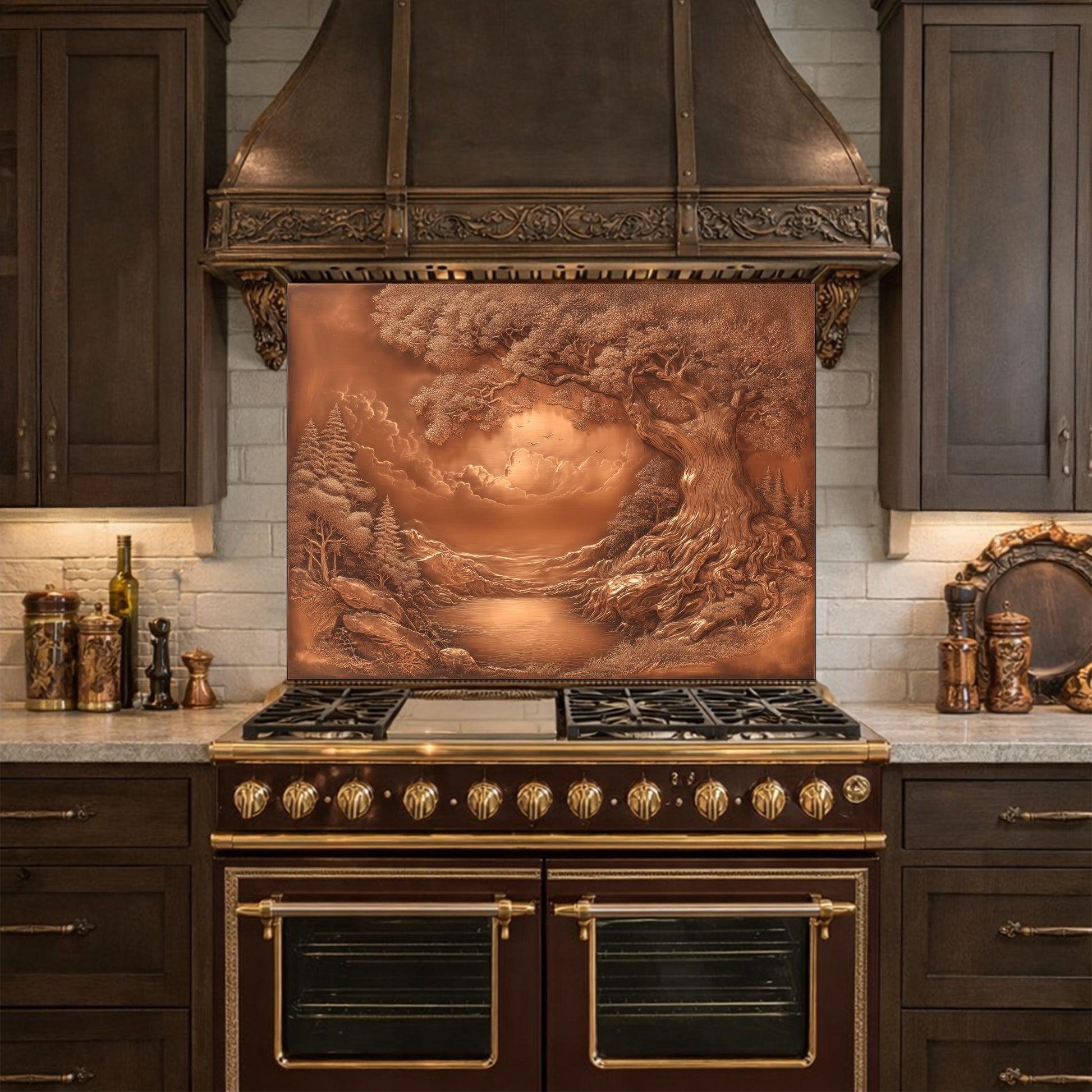 Ancient Tree & Morning Mist Tempered Glass Backsplash, Copper Relief Look Wall Panel, Stove Guard