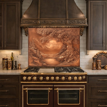 Ancient Tree & Morning Mist Tempered Glass Backsplash, Copper Relief Look Wall Panel, Stove Guard