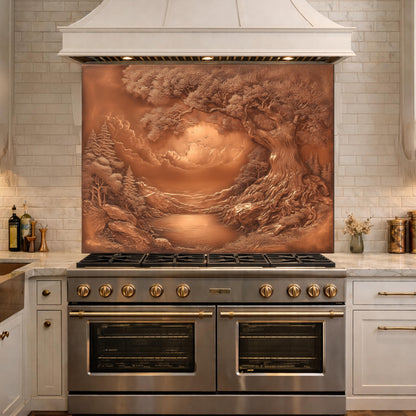 Ancient Tree & Morning Mist Tempered Glass Backsplash, Copper Relief Look Wall Panel, Stove Guard