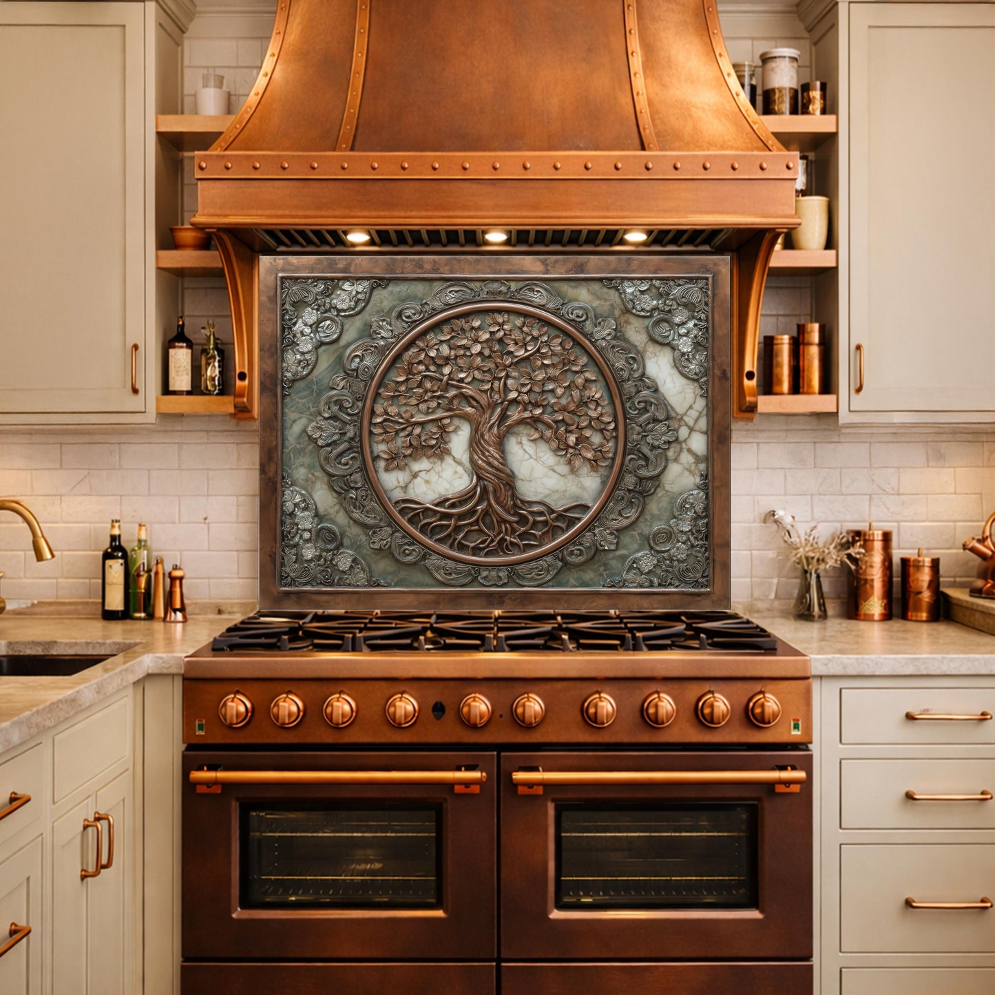Ornate Tree of Life Tempered Glass Backsplash, Copper Relief Look Wall Panel, Stove Guard