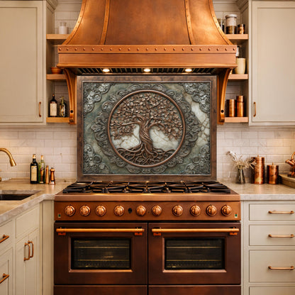 Ornate Tree of Life Tempered Glass Backsplash, Copper Relief Look Wall Panel, Stove Guard