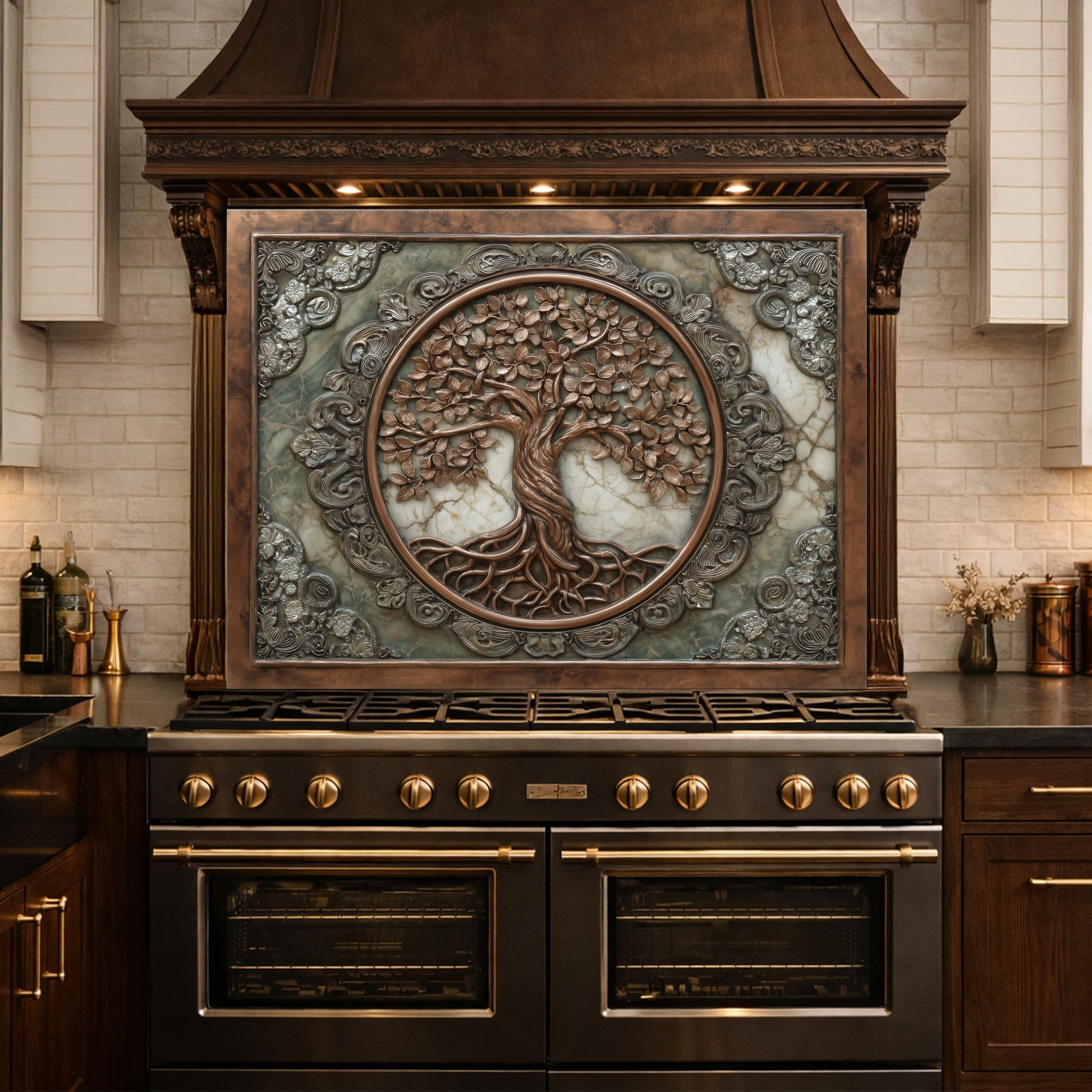 Ornate Tree of Life Tempered Glass Backsplash, Copper Relief Look Wall Panel, Stove Guard