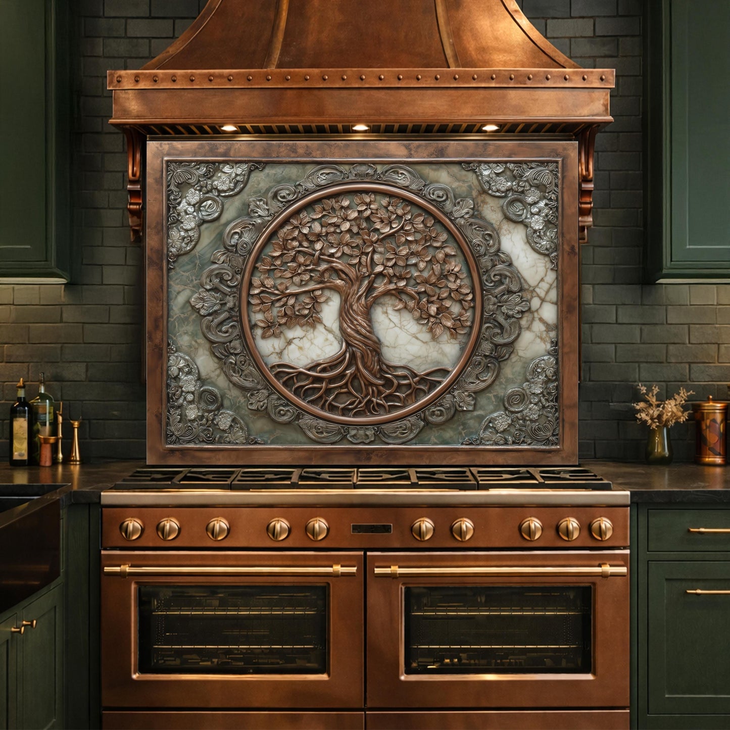 Ornate Tree of Life Tempered Glass Backsplash, Copper Relief Look Wall Panel, Stove Guard