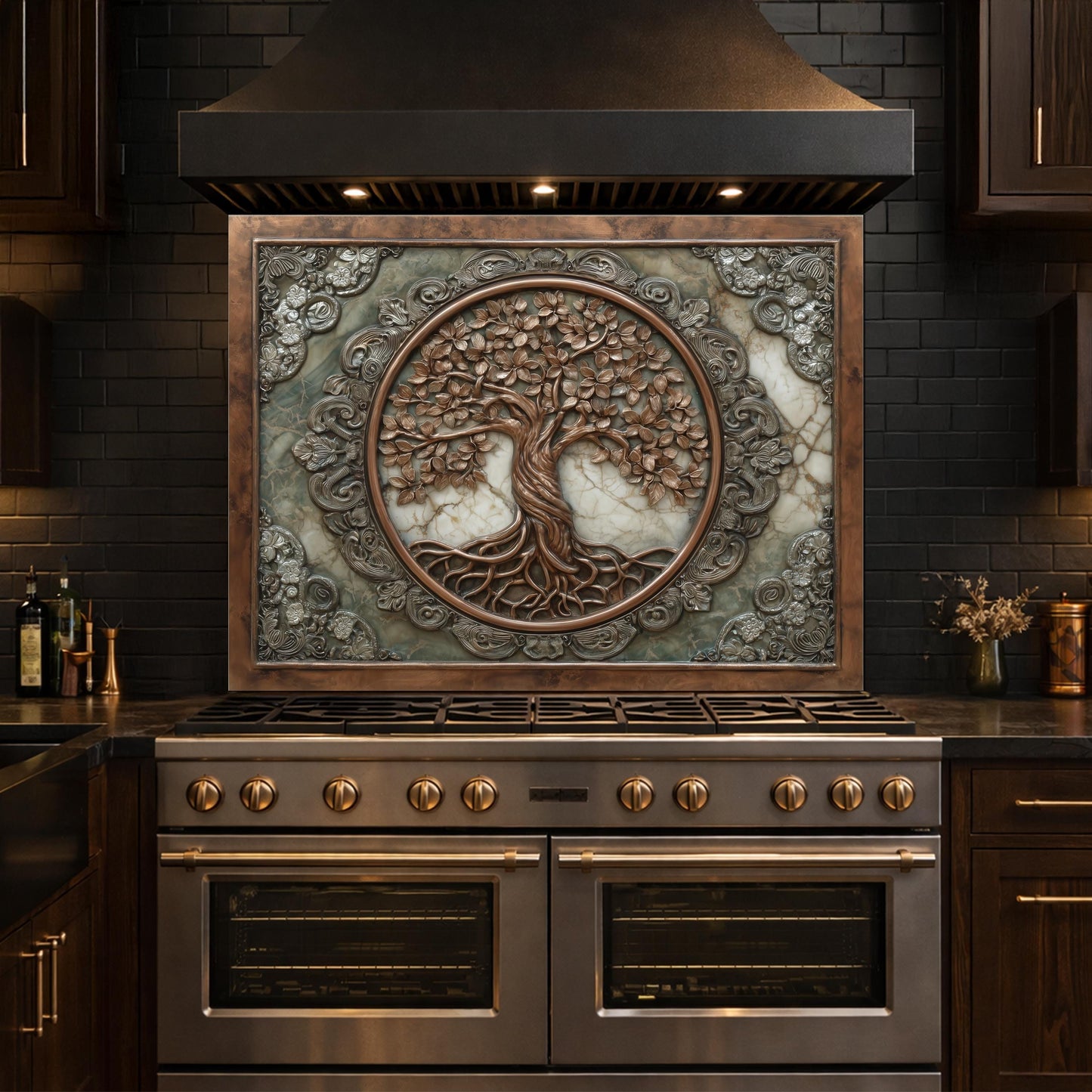 Ornate Tree of Life Tempered Glass Backsplash, Copper Relief Look Wall Panel, Stove Guard