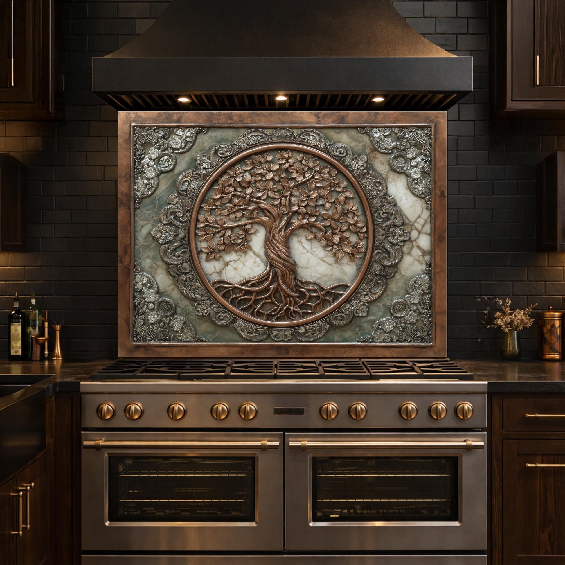 Ornate Tree of Life Tempered Glass Backsplash, Copper Relief Look Wall Panel, Stove Guard