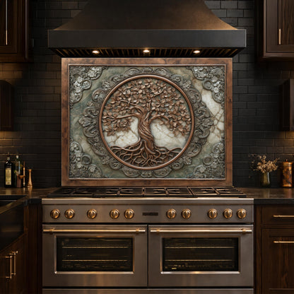 Ornate Tree of Life Tempered Glass Backsplash, Copper Relief Look Wall Panel, Stove Guard