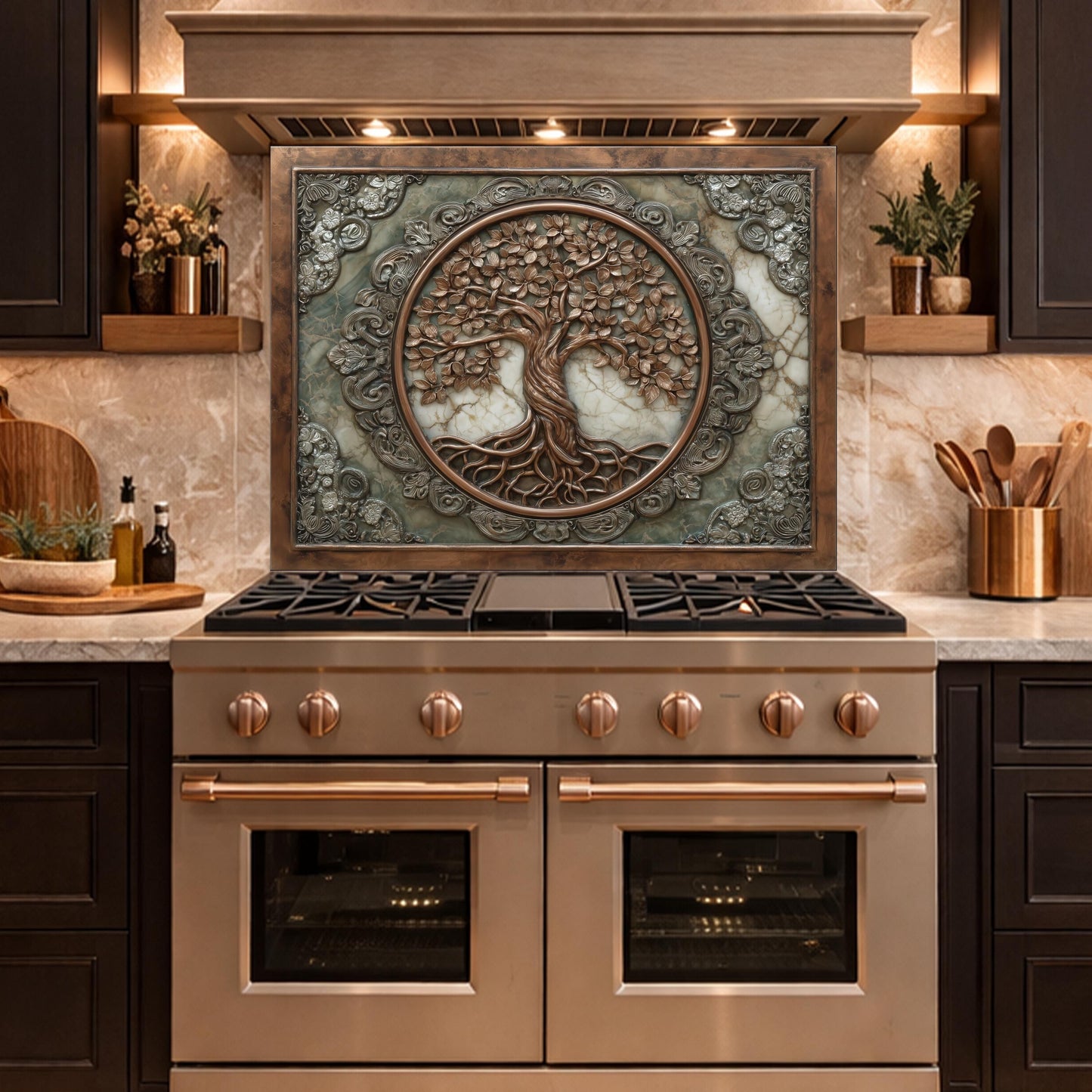 Ornate Tree of Life Tempered Glass Backsplash, Copper Relief Look Wall Panel, Stove Guard