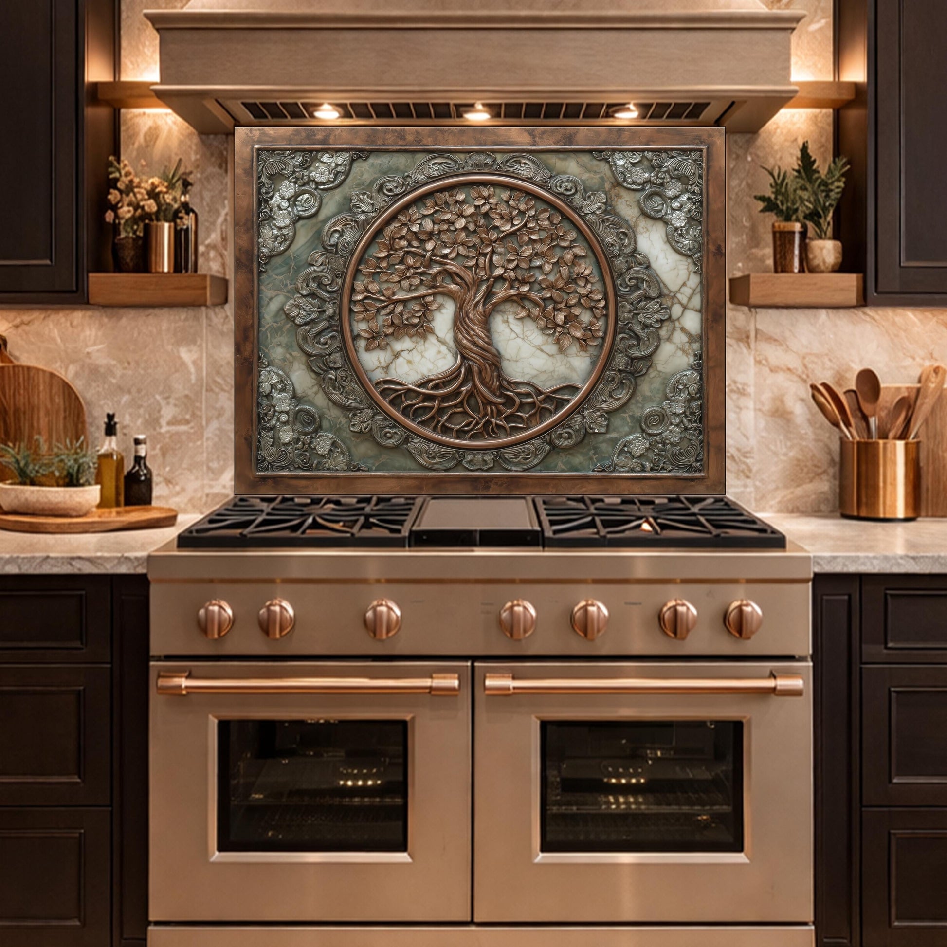 Ornate Tree of Life Tempered Glass Backsplash, Copper Relief Look Wall Panel, Stove Guard