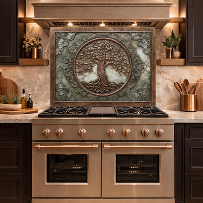 Ornate Tree of Life Tempered Glass Backsplash, Copper Relief Look Wall Panel, Stove Guard