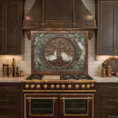 Ornate Tree of Life Tempered Glass Backsplash, Copper Relief Look Wall Panel, Stove Guard