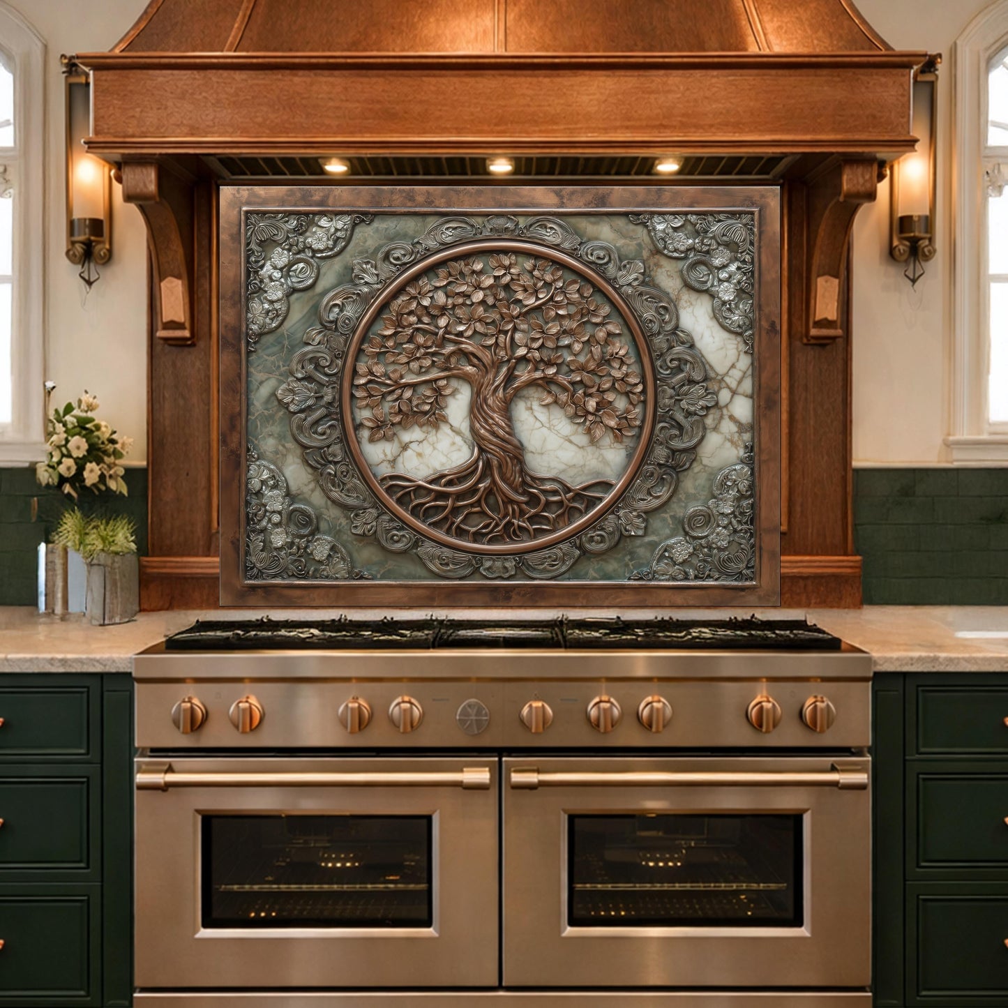 Ornate Tree of Life Tempered Glass Backsplash, Copper Relief Look Wall Panel, Stove Guard