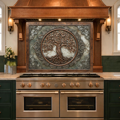Ornate Tree of Life Tempered Glass Backsplash, Copper Relief Look Wall Panel, Stove Guard