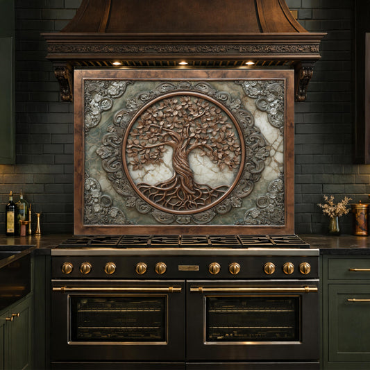 Ornate Tree of Life Tempered Glass Backsplash, Copper Relief Look Wall Panel, Stove Guard
