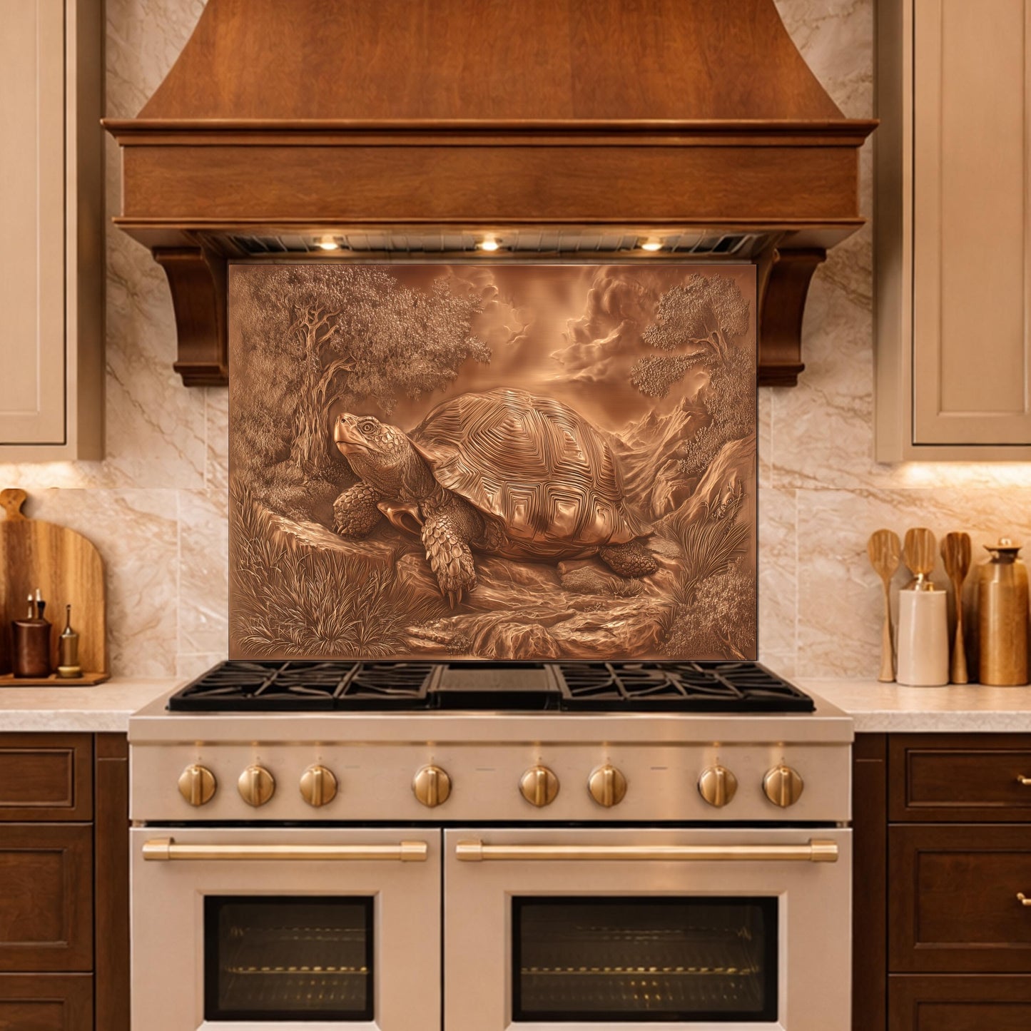 Ancient Tortoise in Nature Tempered Glass Backsplash, Copper Relief Look Wall Panel, Stove Guard