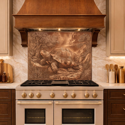 Ancient Tortoise in Nature Tempered Glass Backsplash, Copper Relief Look Wall Panel, Stove Guard
