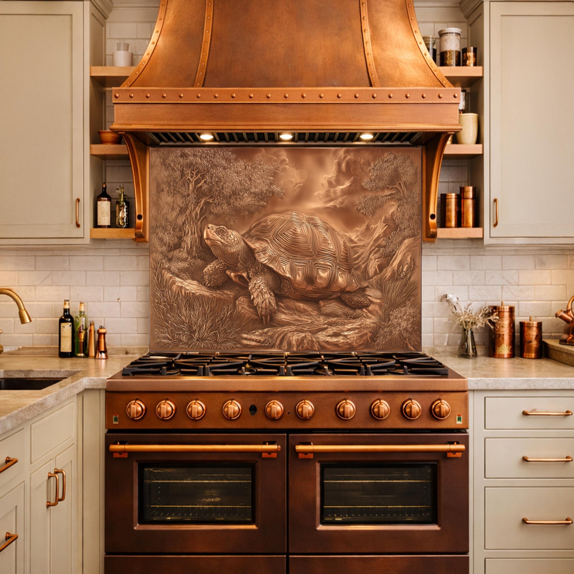 Ancient Tortoise in Nature Tempered Glass Backsplash, Copper Relief Look Wall Panel, Stove Guard