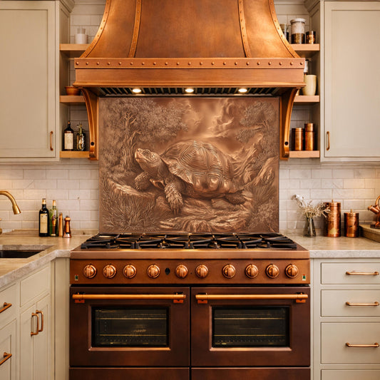 Ancient Tortoise in Nature Tempered Glass Backsplash, Copper Relief Look Wall Panel, Stove Guard