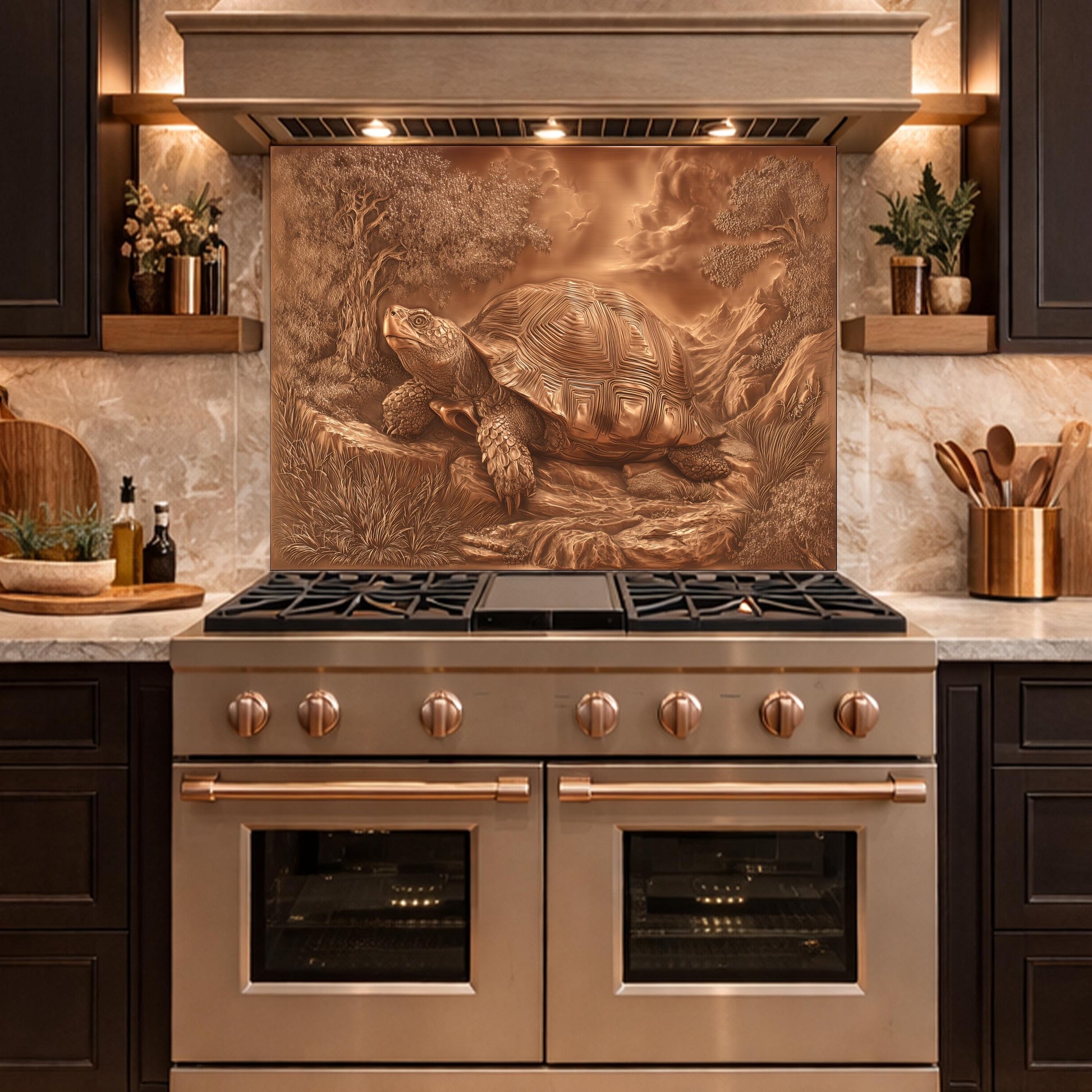 Ancient Tortoise in Nature Tempered Glass Backsplash, Copper Relief Look Wall Panel, Stove Guard