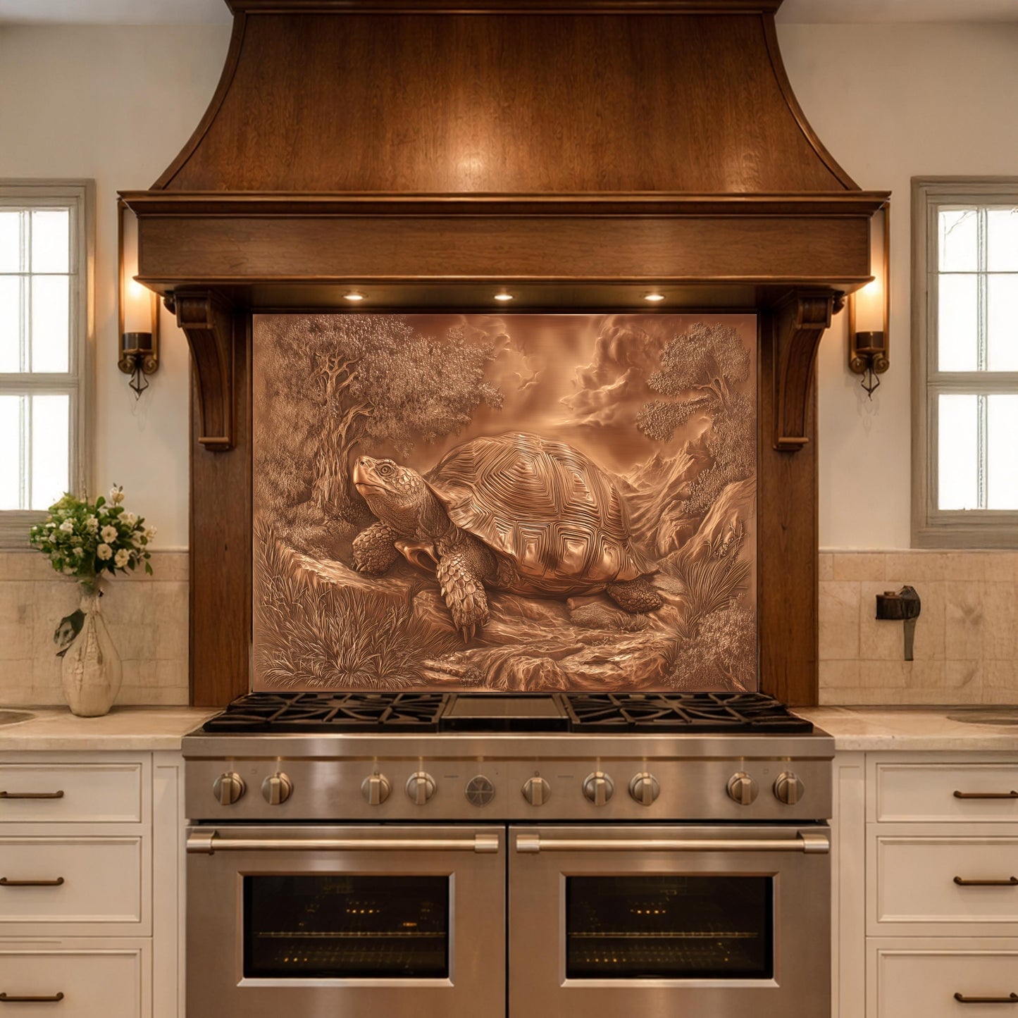 Ancient Tortoise in Nature Tempered Glass Backsplash, Copper Relief Look Wall Panel, Stove Guard